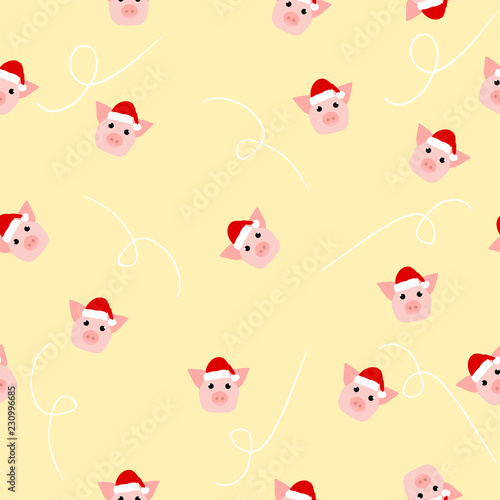 Fototapeta Naklejka Na Ścianę i Meble -  Seamless pattern happy New Year 2019 with chinese pig symbol in Santa's hat. Vector illustration for calendar, Cristmas greeting card or poster