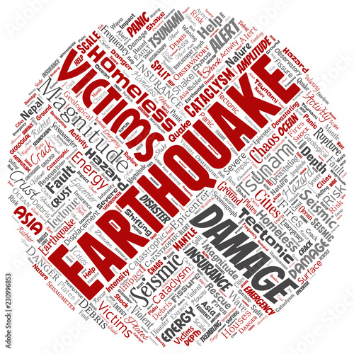 Vector conceptual earthquake activity round circle red word cloud isolated background. Collage of natural seismic tectonic crust tremble, violent tsunami waves risk, tectonic plates shifting concept