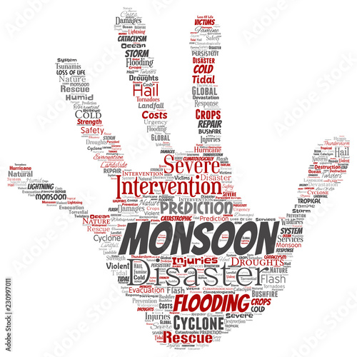 Vector conceptual monsoon dangerous weather hand print stamp meteorology word cloud isolated background. Collage of tropical dramatic storm force, strong wind blowing, rain hail thunderstorm concept