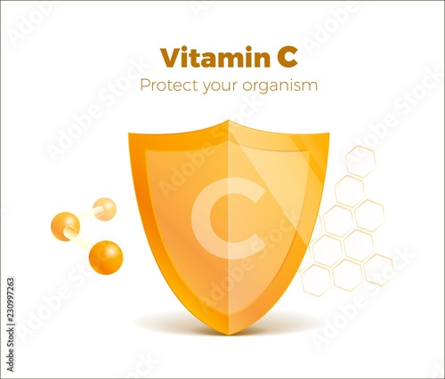 Vitamin C concept 3d shield with molecule, protected guard. Presentation shining sticker shield. Isolated on white. Meds for heath ads. Treatment cold flu. Vector illustration. Eps 10