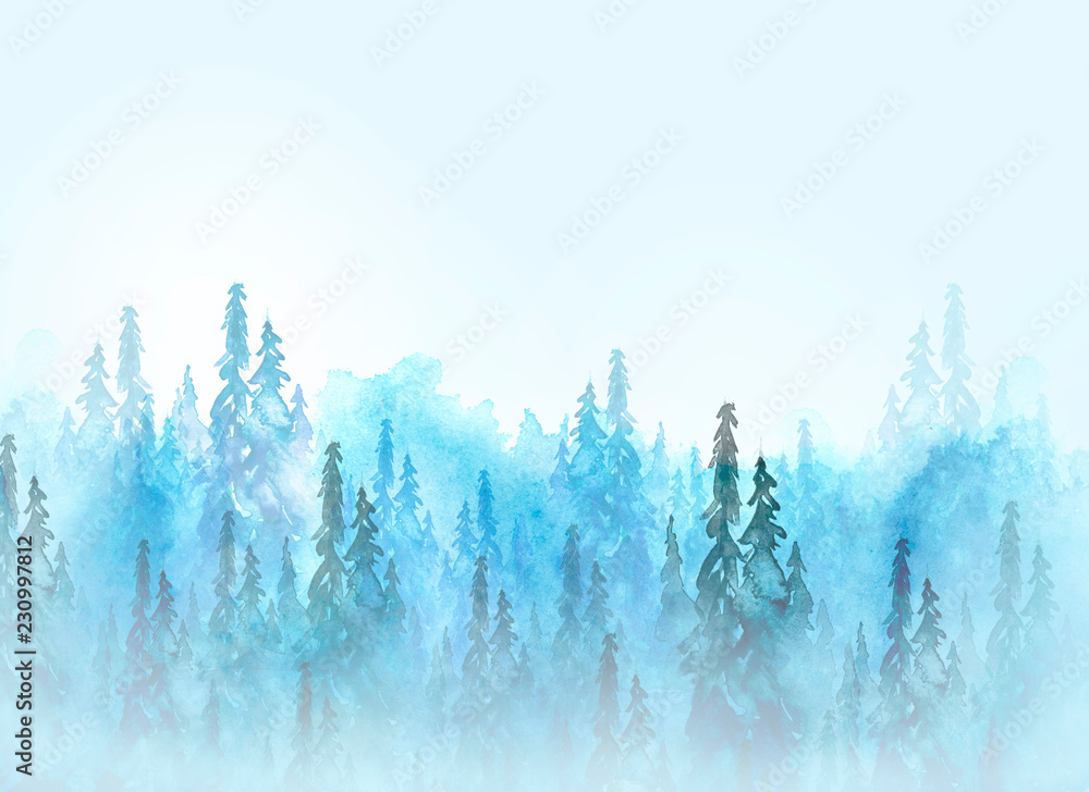Fototapeta Ilustracja akwareli. Rysunek niebieskiego lasu, sosny, świerka, cedru. Ciemny, gęsty las, krajobraz podmiejski. Pocztówka, logo, karta. Mglisty las, mgła.