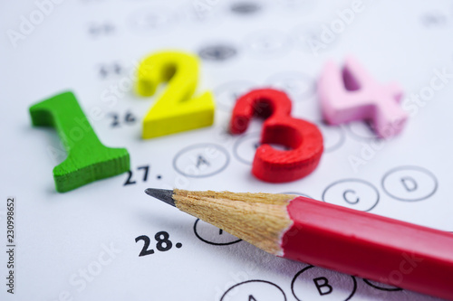 Math Number colorful and pencil on Answer sheet background : Education study mathematics learning teach concept.