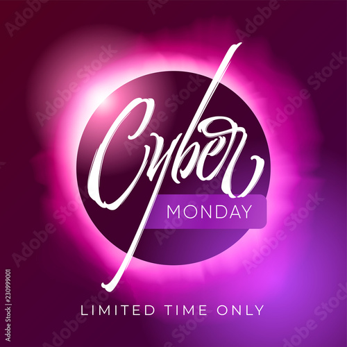Cyber Monday discount banner. Lettering with eclipse of the sun on background. Typography on dark ultraviolet background. Vector illustration for coupons, flyers, banners, covers, posts. EPS10