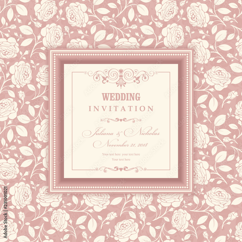 Wedding  Invitation  with baroque pattern. Beautiful Victorian ornament. Provence drawing. Frame with floral elements.  Elements of rose and leaves. Vector illustration.