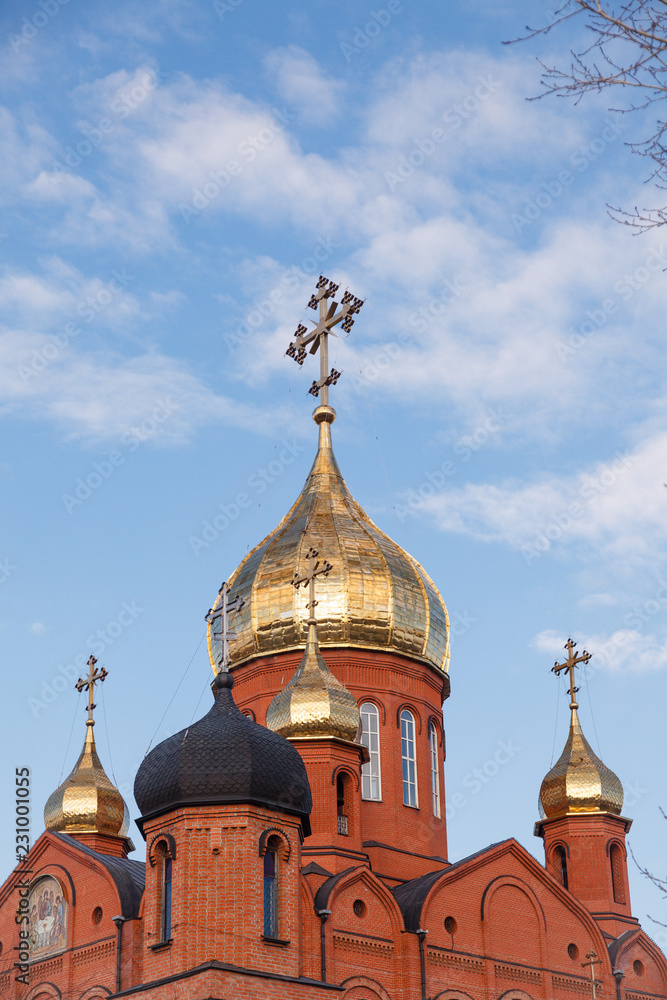 Old red brick Christian church with golden and gilded domes against a blue sky and tree branches. Concept faith in god, orthodoxy, prayer