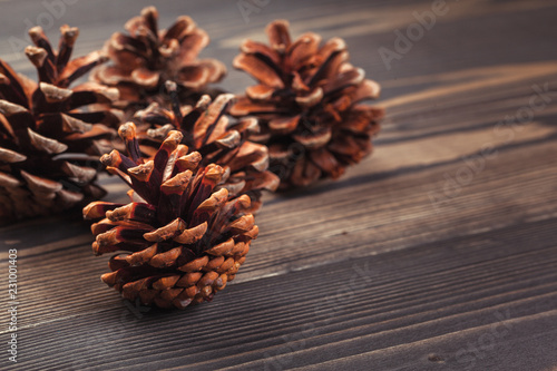 Pine cone on wooden table
