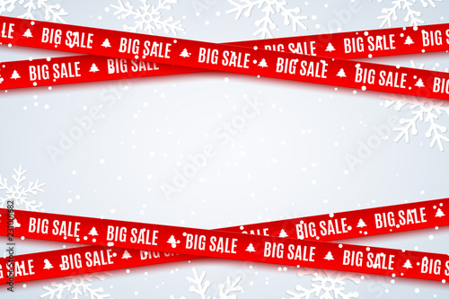 Red ribbons for Christmas sale on light blue background. Fallin snowflakes. Big sale. Graphic elements. Vector illustration