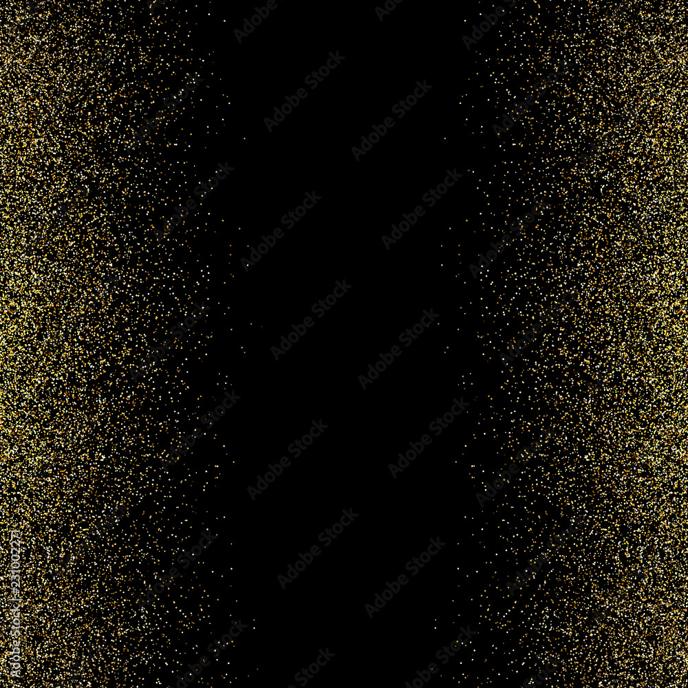Glitter background with glowing lights. Golden sparks on a black backdrop. Bright glitter decorating festive greeting cards. Celebration design. Vector illustration Glitter background with glowing lights. Golden sparks on a black backdrop. Bright glitter decorating festive greeting cards. Celebration design. Vector illustration