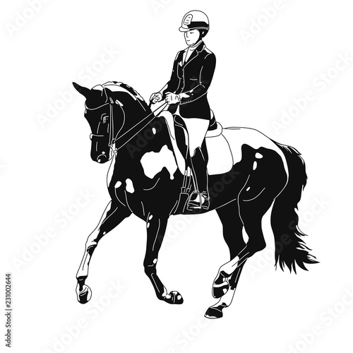 A logo of a dressage rider on a horse executing the pirouette.