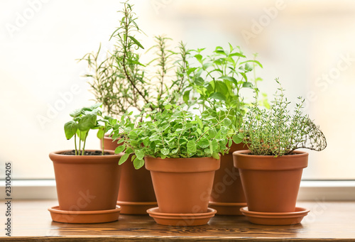 Fototapeta Naklejka Na Ścianę i Meble -  Pots with fresh aromatic herbs on wooden windowsill