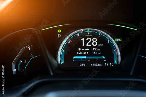 Modern digital car display,Illustration of a car dashboard panel with speedometer, tachometer, odometer