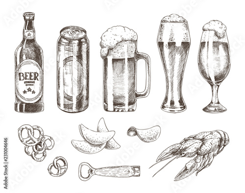 Beer Set and Various Snack Vector Illustration