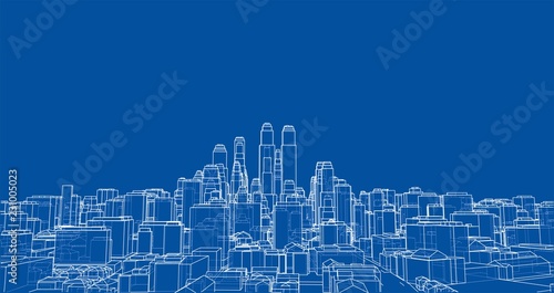 Wire-frame City, Blueprint Style. Vector