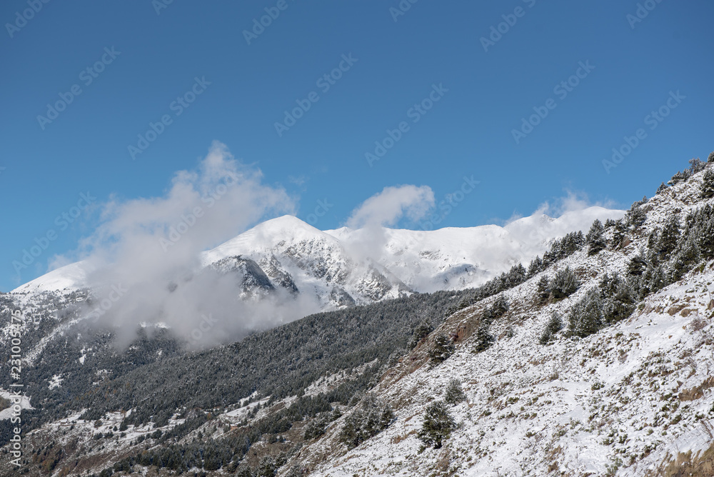 Landscape of Soldeu, Canillo, Andorra on an autumn morning in its first snowfall of the season.