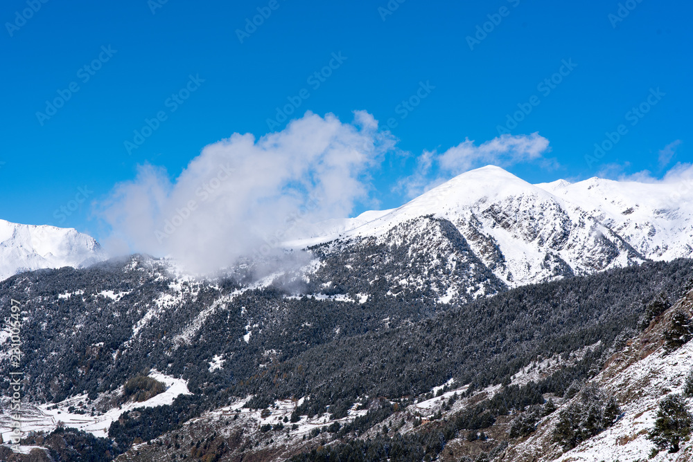 Beautiful landscape of Soldeu, Canillo, Andorra on an autumn morning in its first snowfall of the season.