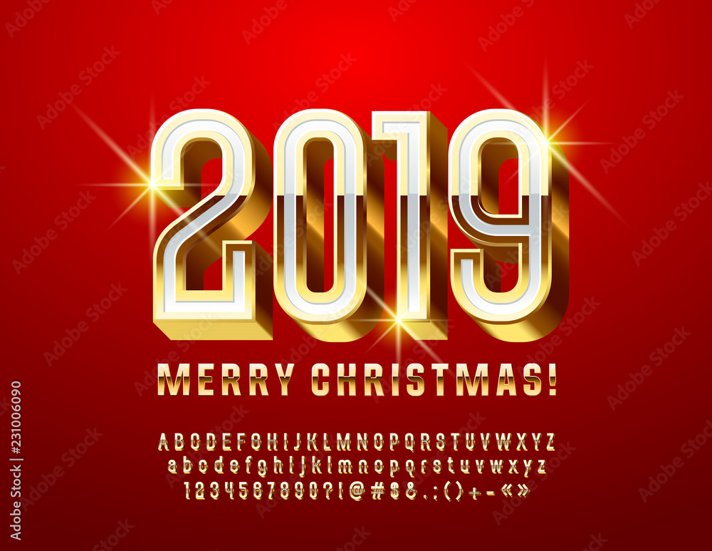 Vector chic Greeting Card Merry Christmas 2019. Stylish White and Golden 3D Font. Bright Alphabet Letters, Numbers and Symbols.