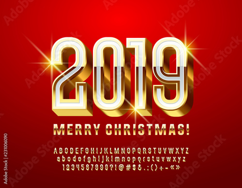 Vector chic Greeting Card Merry Christmas 2019. Stylish White and Golden 3D Font. Bright Alphabet Letters  Numbers and Symbols.