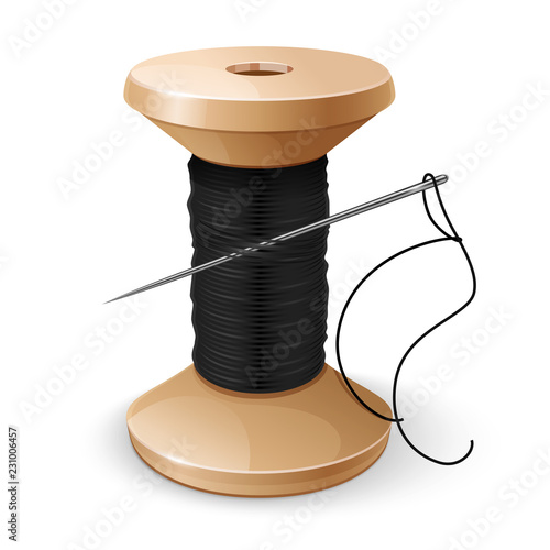 Realistic reel with black thread. Spool and needle. Tools for sewing and repairing clothes handmade. EPS10 vector illustration isolated on white background.