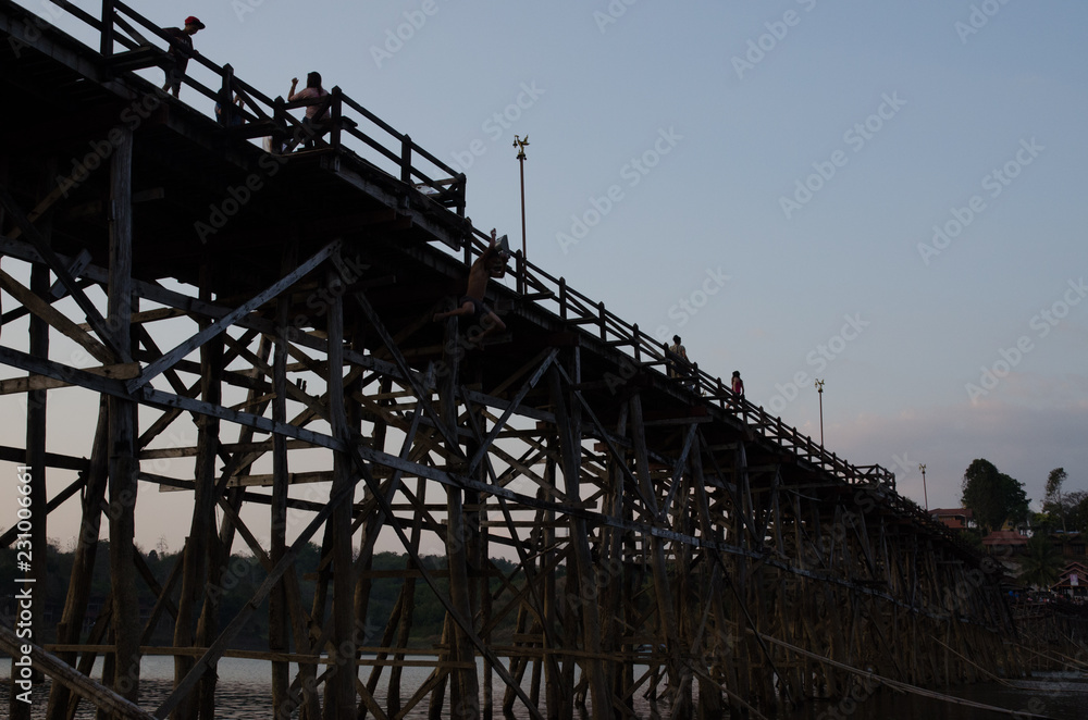 The longest wooden bridge in Sangkhla Buri, Kanchanaburi, Thailand.