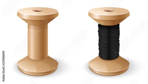 Realistic reel empty and with black threads. Tools for sewing and repairing clothes handmade. EPS10 vector illustration isolated on white background.