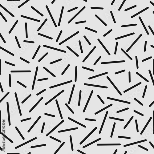 Memphis style seamless pattern. Lines with different size and slope. Black on a light gray background.