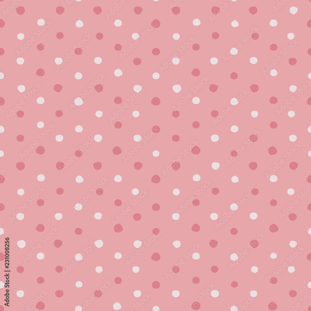 Pink and white irregular polka dots vector seamless pattern.