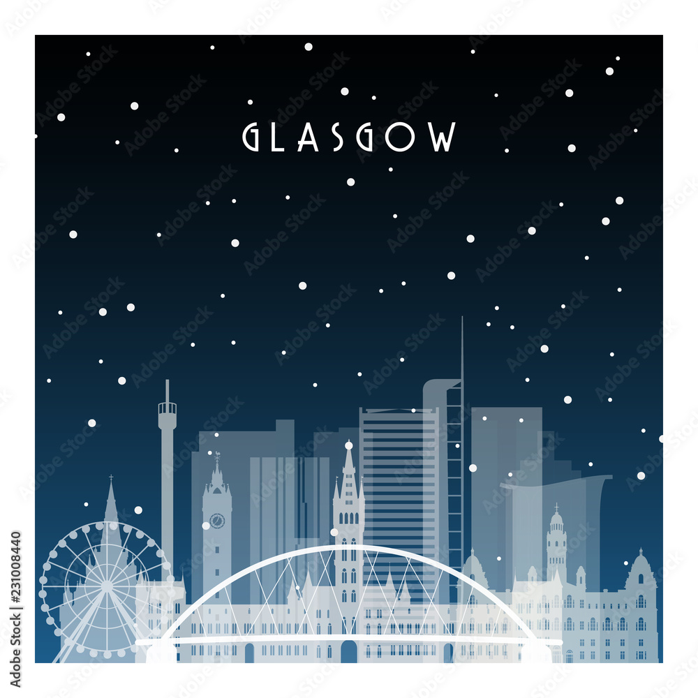 Winter night in Glasgow. Night city in flat style for banner, poster, illustration, background.