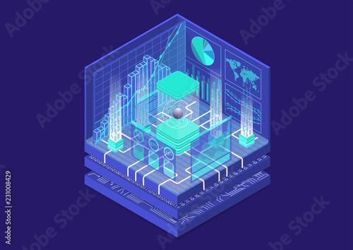 Quantum computing isometric vector illustration. 3D view on conceptual quantum computer