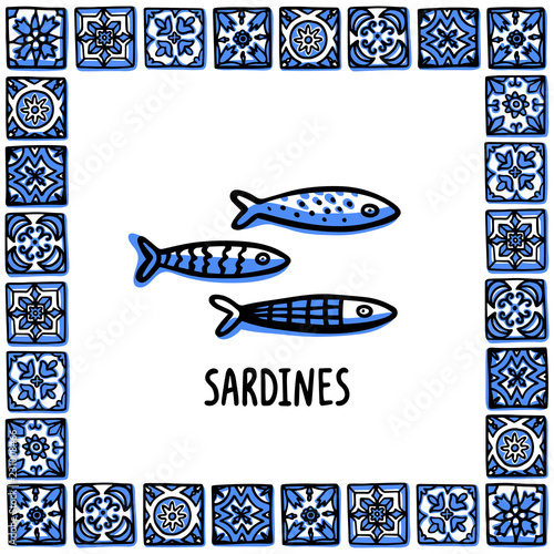 Portugal landmarks set. Fresh shellfish, traditional delicacy seafood. Shellfish in frame of Portuguese tiles. Sketch style vector illustration, for souvenirs, magnets, post cards