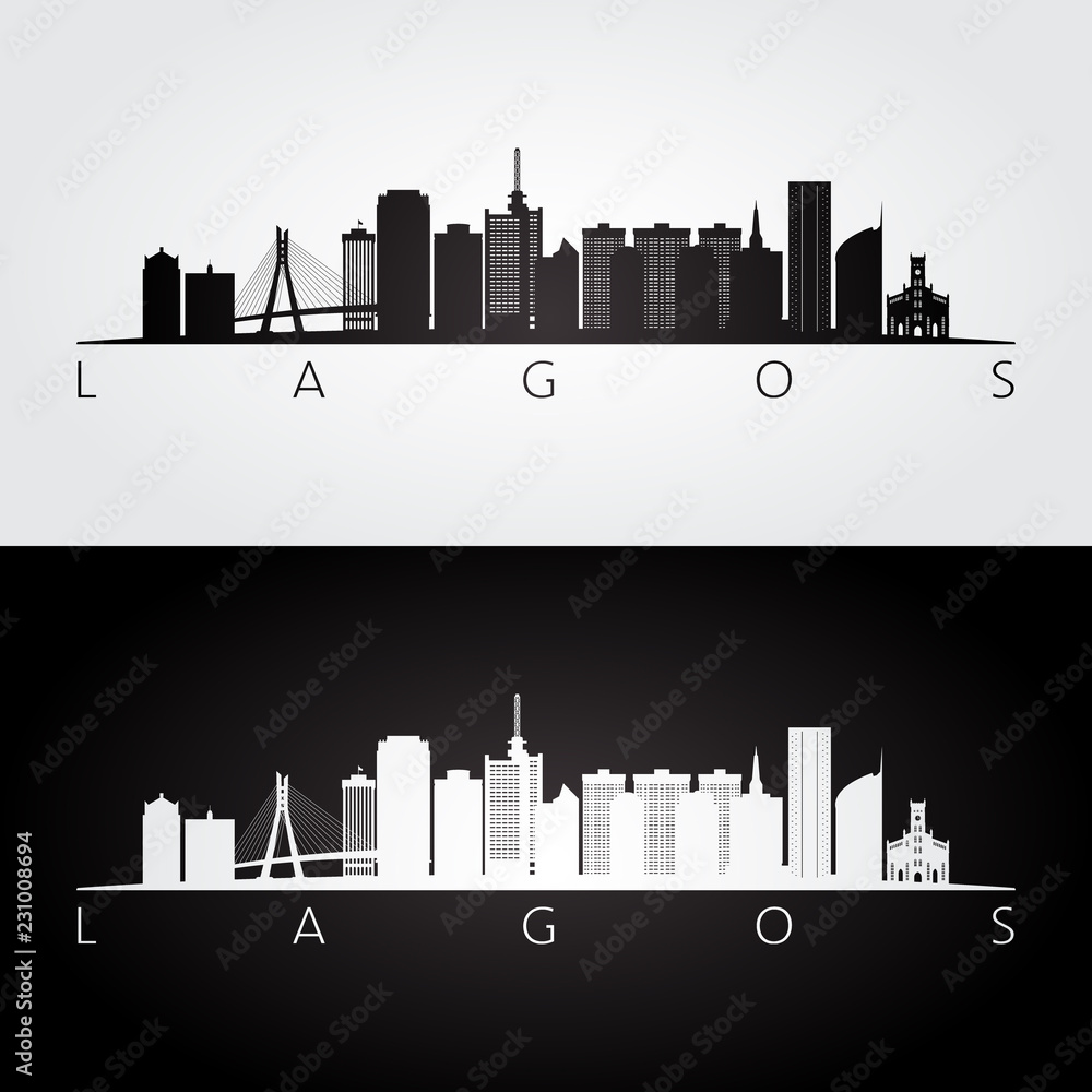 Lagos skyline and landmarks silhouette, black and white design, vector illustration.