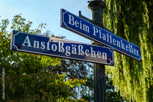 Street signs Beim Pfaffenkeller and Anstossgasschen, Bleich und Pfarrle, Augsburg, Swabia, Bavaria, Germany, Europe