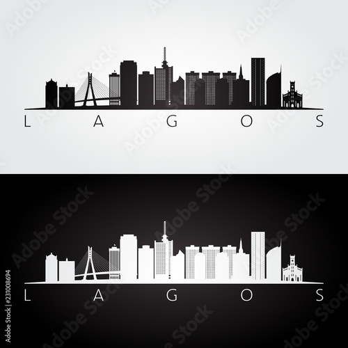 Lagos skyline and landmarks silhouette, black and white design, vector illustration.