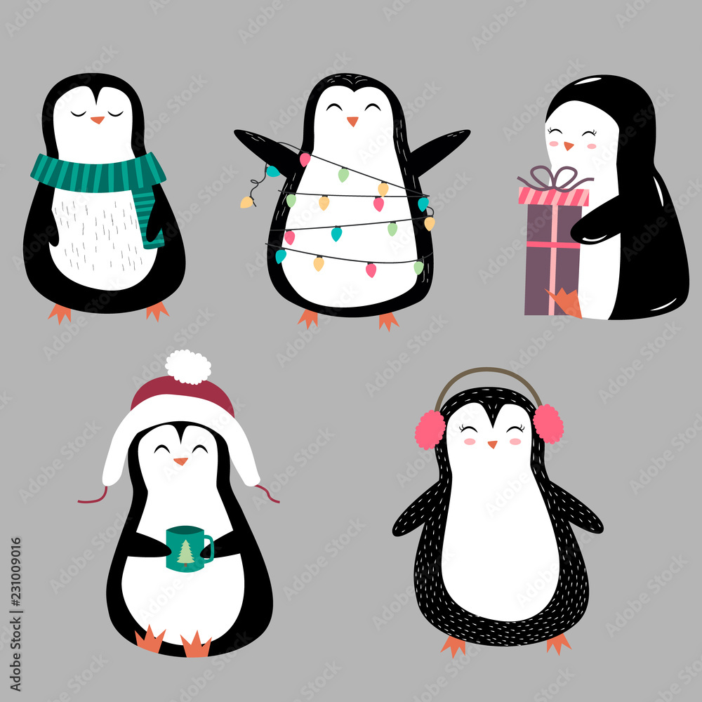 Obraz premium Penguins cartoon vector illustration. Christmas penguin characters vector