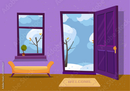 Open door into winter landscape cloudy view with snowy trees. Door mat and yellow bench in room. Flat cartoon textured purple vector illustration. Trees with round crown under clouds sky