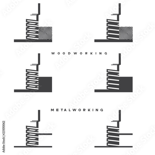 illustration consisting of several images of milling cutters for wood and metal and the inscription "woodworking" and "metalworking" in the form of a symbol or logo