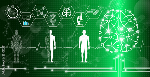 abstract background technology concept in green light,human body heal,technology modern medical science in future and global international medical with tests analysis clone DNA human