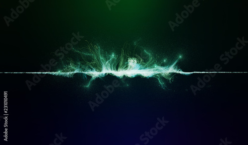 Illustration of green-colored particles exploding on a horizontal line
