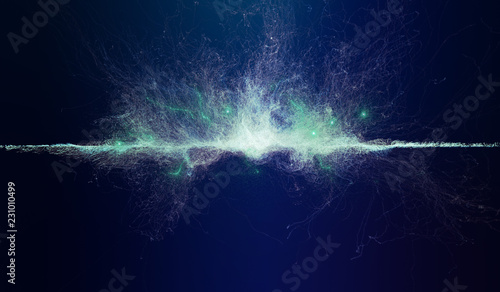 Illustration of blue-colored particles exploding on a horizontal line