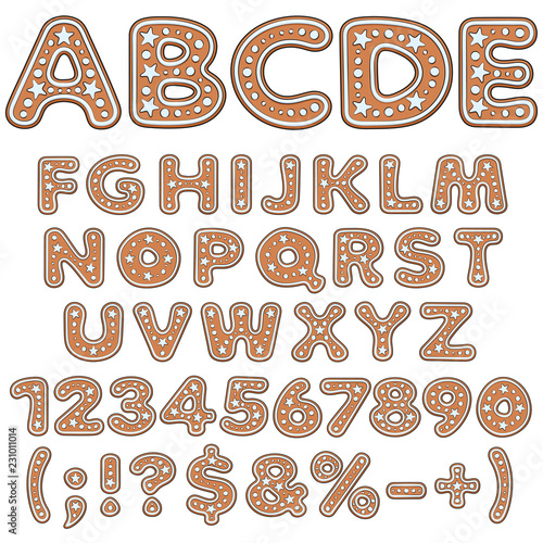 Alphabet, letters, numbers and signs of gingerbread. Isolated colored vector objects on white background.