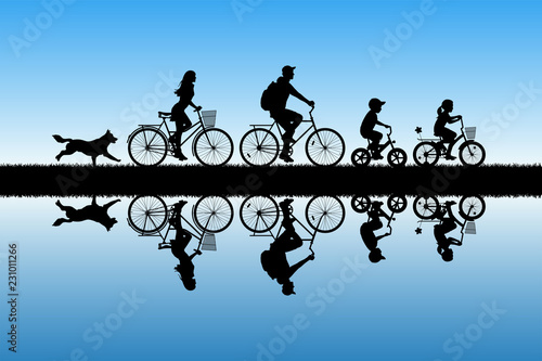 Family on bikes in park. Active rest of parents with children. Vector illustration with silhouettes of cyclists and running dog. Blue pastel background
