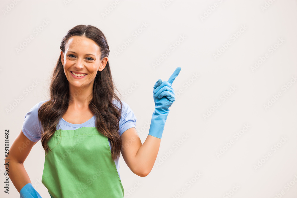 Portrait of housewife who is ready for housework. Portrait of housewife who is ready for housework.