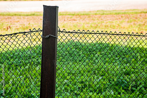 Wire mesh fence with a metal post