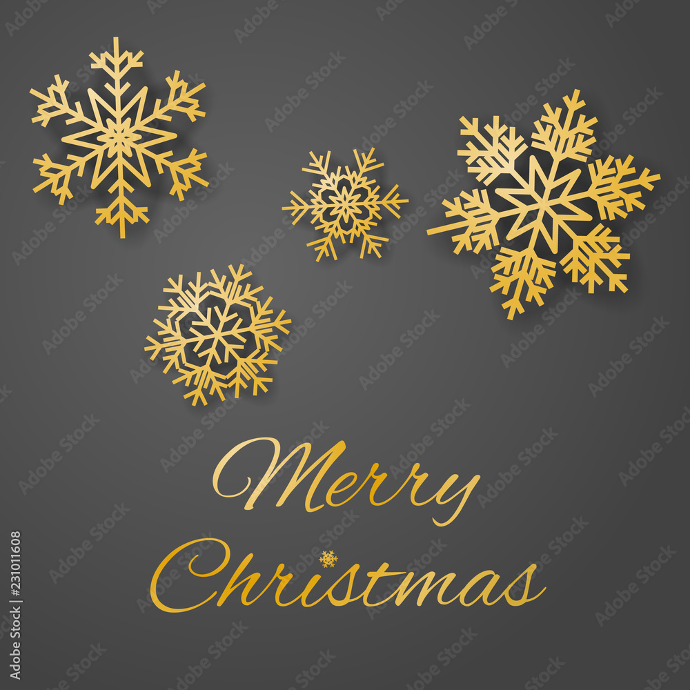 Merry Christmas luxury greeting card vector with sumptuous gold colored snowflakes on gray background.