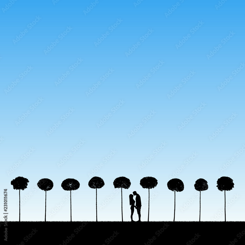 Lovers between trees in park. Vector illustration with silhouette of loving couple. Landscape with maples. Blue pastel background Lovers between trees in park. Vector illustration with silhouette of loving couple. Landscape with maples. Blue pastel background