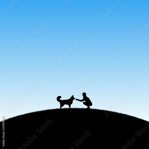 Girl with dog in park. Vector illustration with silhouettes of woman and pet on hill. Blue pastel background