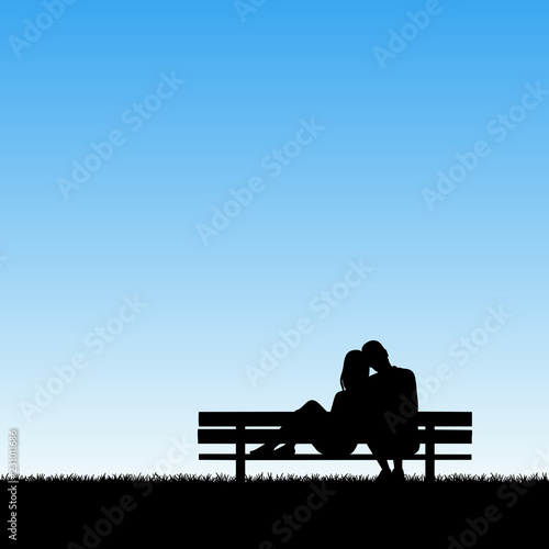 Lovers sitting on bench in park. Vector illustration with silhouette of loving couple. Blue pastel background
