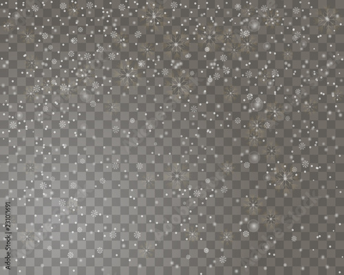 Falling snow on a transparent background. Abstract snow background for your Merry Christmas and Happy New Year design. Vector illustration