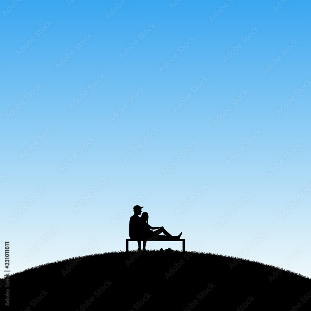 Lovers sitting on bench in park. Vector illustration with silhouette of loving couple. Blue pastel background
