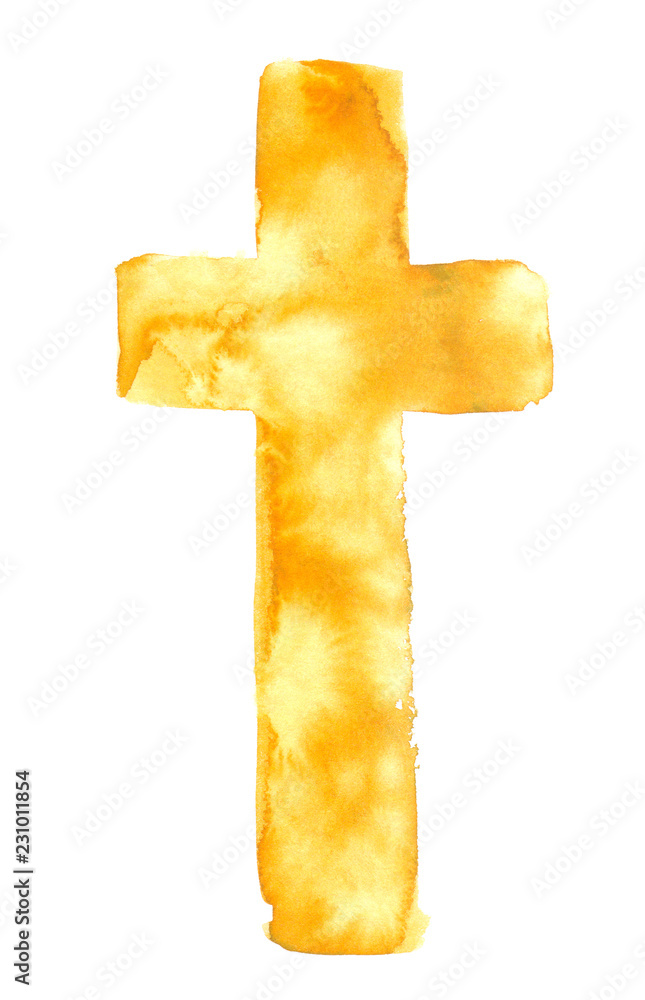 Simple bright golden yellow Christian cross painted in watercolor on