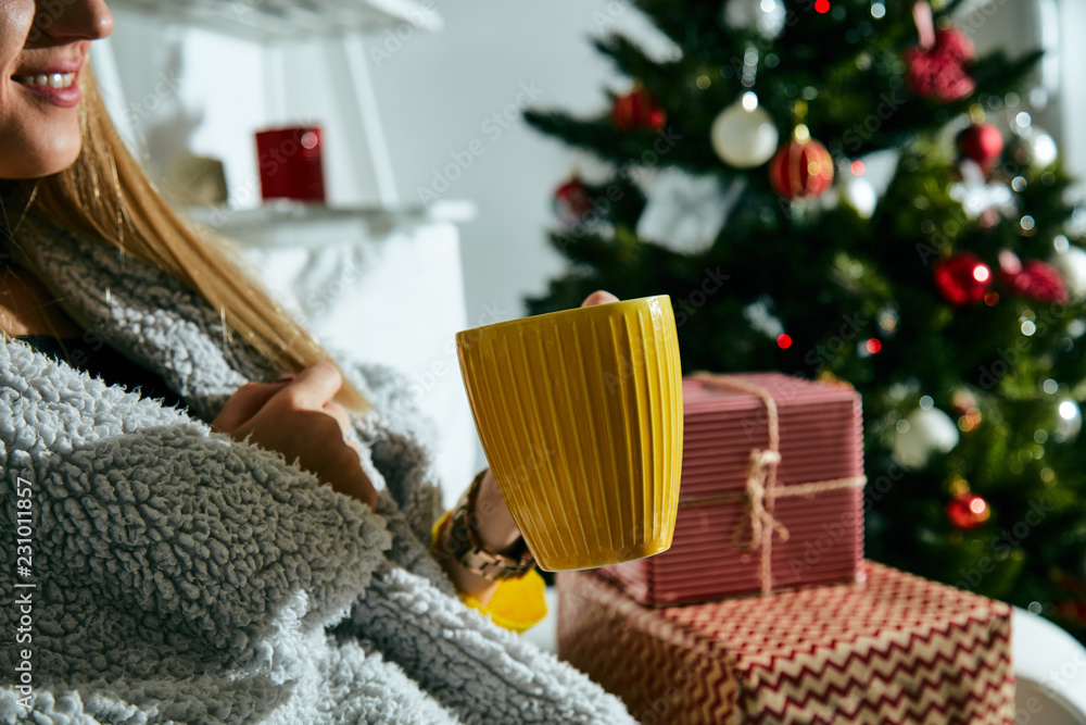 Portrait of beautiful woman with christmas presents near christmas tree. Portrait of beautiful woman with christmas presents near christmas tree.